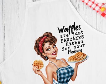 Delantal humorístico de ama de casa de los años 50 / Delantal divertido / Amantes de los waffles / Delantal estilo vintage / Humor sobre el desayuno / Moda para amantes de la comida / Delantal retro