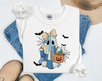 Quilted Ghost Sweatshirt | Vintage Halloween Patchwork, Floral Bow