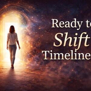 May include: A person walks towards a bright light at the end of a tunnel. The background is a swirling galaxy of colors. Text reads "Ready to Shift Timelines?"