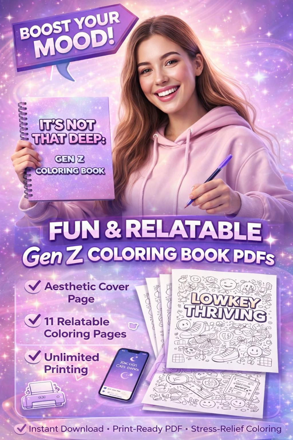 Gen Z Coloring Book Relatable Stress Relief Pages for Teens and Young ...