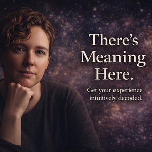 May include: A person with short brown hair and a dark top, resting their chin on their hand. The background is a starry, galaxy-like pattern. Text reads "There's Meaning Here. Get your experience intuitively decoded."