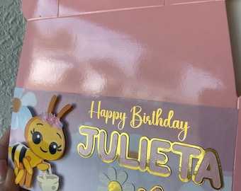 Chiquitita Bee Personalized Favor Box | Pink Bee Party Box | Gold Foil Name & Age | Bee Birthday Party Favor | Girl Birthday Candy Box