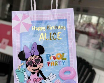 Minnie Pool Party Favor Bags – Purple Birthday Bags with Gold Foil Name – Personalized Minnie Summer Party Goodie Bags