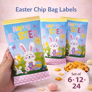 May include: Easter chip bag labels with a blue background and the words "Happy Easter" in colorful letters. The bags feature a cartoon bunny, Easter eggs, and butterflies. A bowl of snacks and an Easter egg are also visible.