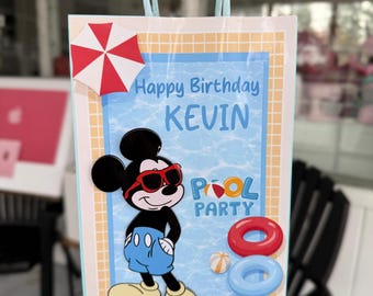 Mickey Pool Party Favor Bags – Pack of 6 Pastel Blue Birthday Bags – 3D Layered Mickey – Personalized Name & Age Summer Party Goodie Bags