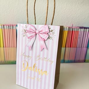 Sweet 16 Personalized Favor Bags | Coquette Birthday Gift Bags | Pink Bow Party Favor Bags | Gold Foil Name | Sweet Sixteen Decor 8.2" x 5"