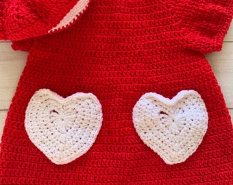 Crochet baby dress, six month old, baby crochet beret, baby girl dress with heart pockets, Valentine baby dress, puffed sleeve baby dress