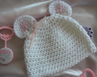 White Crocheted Mouse Hat, Crocheted Baby Hat, Baby Girl Mouse Hat, Baby Hat with Ears, Photo Prop Baby Hat, Newborn Baby Beanie with Ears