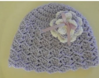 Crochet Flower Baby Girl Hat, Crochet Baby Girl Beanie with Flower, Six to Nine Month Old Baby Hat, Purple Baby Girl Beanie, Crochet Beanie