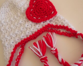 Crochet Baby Hat, Crochet Baby Heart Hat, Crochet Earflap Hat, Photo Prop Baby Hat, Newborn Baby Hat, White and Red Baby Earflap Hat