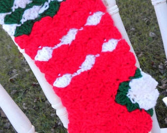 Crocheted Christmas Stocking, Red, White and Green, Holiday decoration, old fashioned Christmas stocking, heirloom, holiday gift