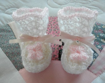 Christening Baby Booties, White Booties with Pink Flower, Newborn to three month old girl, crochet infant shoes, Blessing, heirloom, lacy
