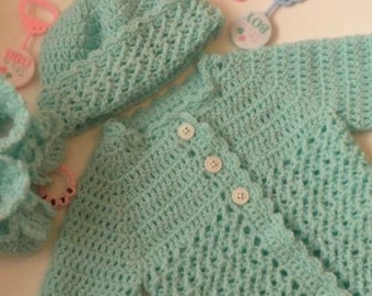 Crochet Baby Sweater, Crochet Baby Beanie, Crochet Baby Booties, Turquoise Sweater, Long sleeved Baby Sweater, Newborn Baby Sweater
