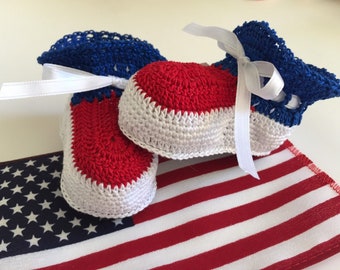 Crochet baby booties, crochet booties, July 4th booties, baby shoes, patriotic baby booties, red, white and blue booties, baby crochet