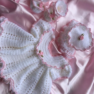 Crochet baby dress, christening gown, baby bonnet, baby booties, newborn to three month old baby dress, coming home outfit, lacy baby dress