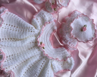 Crochet baby dress, coming home baby outfit , baby clothes, baptism outfit, bonnet, booties, newborn baby outfit, lacy baby dress