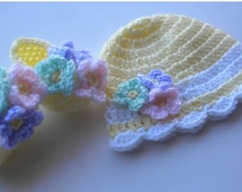 Crocheted Baby Hat, Yellow Baby Hat, Baby Hat With Flowers, Newborn Baby Girl Hat, Photo Prop Baby Hat, Crochet Baby Booties, Hat Bootie Set