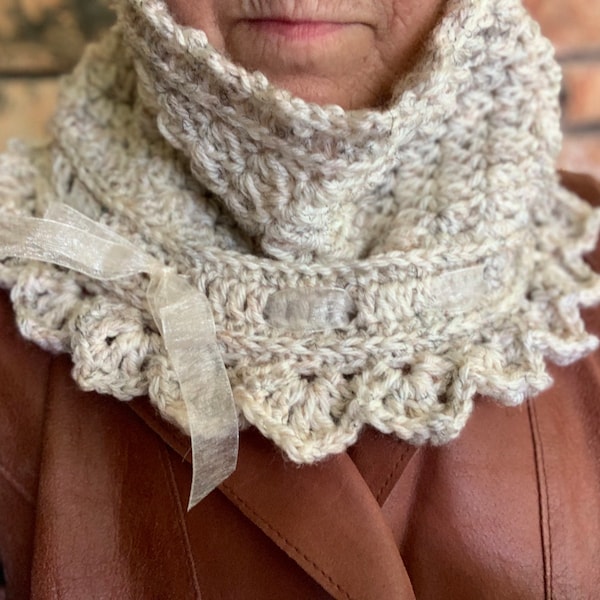 Crochet lacy cowl, women lacy accessory,  Lacy scarf, winter clothing, crochet cowl with ribbon, lady crochet neck warmer, cowl with ruffle