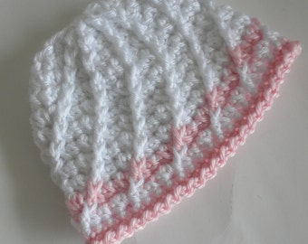 White Crocheted Baby girl Hat, Crocheted white Beanie with pink trim, White Hat with Pink Trim, Christening Hat, Photo Prop Hat, newborn