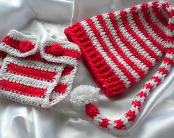 Crochet Christmas Baby Set, Holiday Baby Hat with matching diaper cover, newborn to three month old, photo prop for Christmas, elf baby hat