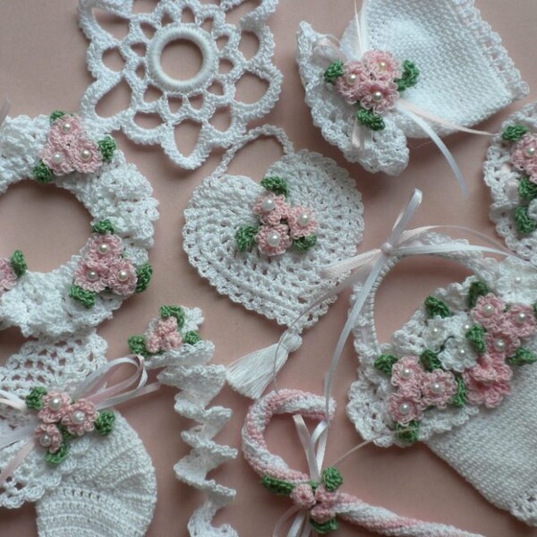 White and Pink Lacy Romantic Crocheted Christmas Ornaments/Decorations with Flowers, Ribbons and Pearls