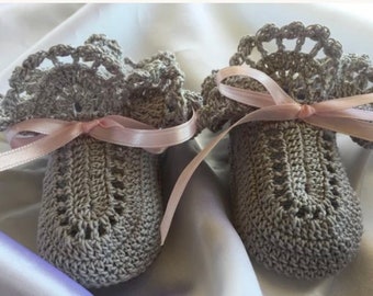 Gray and pink crocheted newborn baby girl booties, crocheted christening booties, heirloom booties, lacy baby shoes, infant shoes, booties