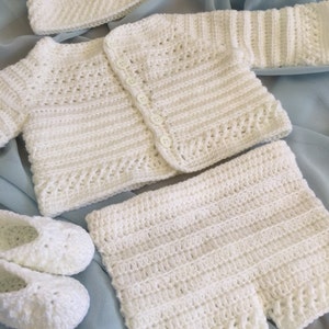 Crochet boy christening set, newborn to three month old baby clothes, crochet baby hat and booties, baptism outfit, sweater and pant set