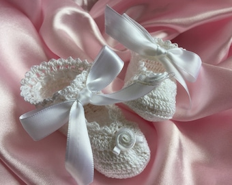 Crochet Baby Booties, Christening shoes, Newborn to three month old, lacy, heirloom, blessing, baptism, ballerina baby slippers