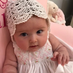 Crochet lacy baby bonnet, christening, baptism, blessing, heirloom, infant girl clothing, newborn to three month old, romantic.