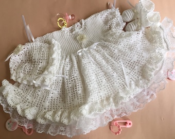 Crochet christening gown, bonnet and booties, baptism set, lacy baby outfit, heirloom, blessing baby dress, photo prop, booties with pearls