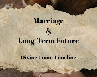 May include: A lit orange candle sits on a wooden surface near a torn paper with the words "Marriage & Long-Term Future Divine Union Timeline". A hand with a ring is visible.