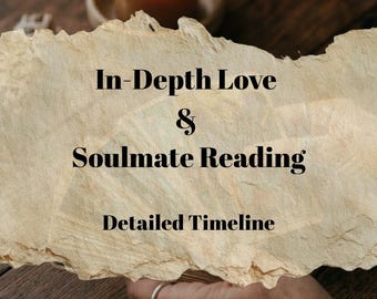 May include: An image with the text "In-Depth Love & Soulmate Reading Detailed Timeline". A lit candle sits in a wooden holder on a dark wooden surface. A hand with a ring is visible.