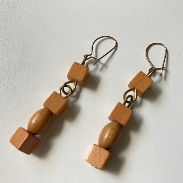 Vintage Wood Bead Kidney Wire Dangle Earrings ~ natural boho aesthetic lightweight brown tan geometric wooden 1 1/2" drop