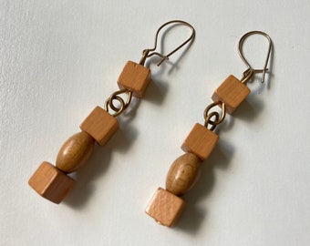 Vintage Wood Bead Dangle Earrings, Boho Geometric Style