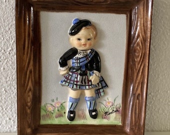 Vintage NAPCO Scottish Lass Girl Campbell Clan Ceramic Wall Plaque 5"x4" signed Norton