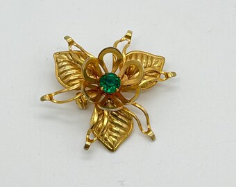 Vintage Lightweight Gold and Green Flower Brooch Pin