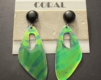 Vintage Pierced Earrings Post Dangle Fluorescent Toxic Green Groovy Mod NOS