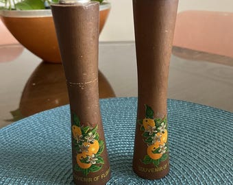 Vintage Salt and Pepper Shakers Florida Souvenir Oranges Danish Modern Wood MCM