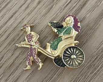 Vintage Pin Brooch marked Germany Rickshaw Asian Gold Tone mid-century