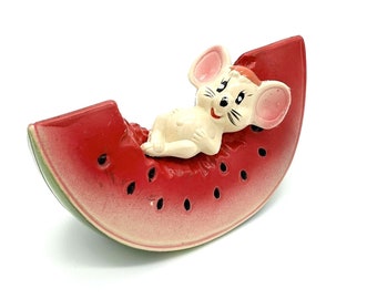 Vintage Kitsch White Mouse on Watermelon Slice Coin Bank Plastic Fruit Hong Kong