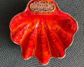 Vintage Treasure Craft ceramic clam shell volcanic lava red orange Busch Gardens tiki trinket souvenir dish