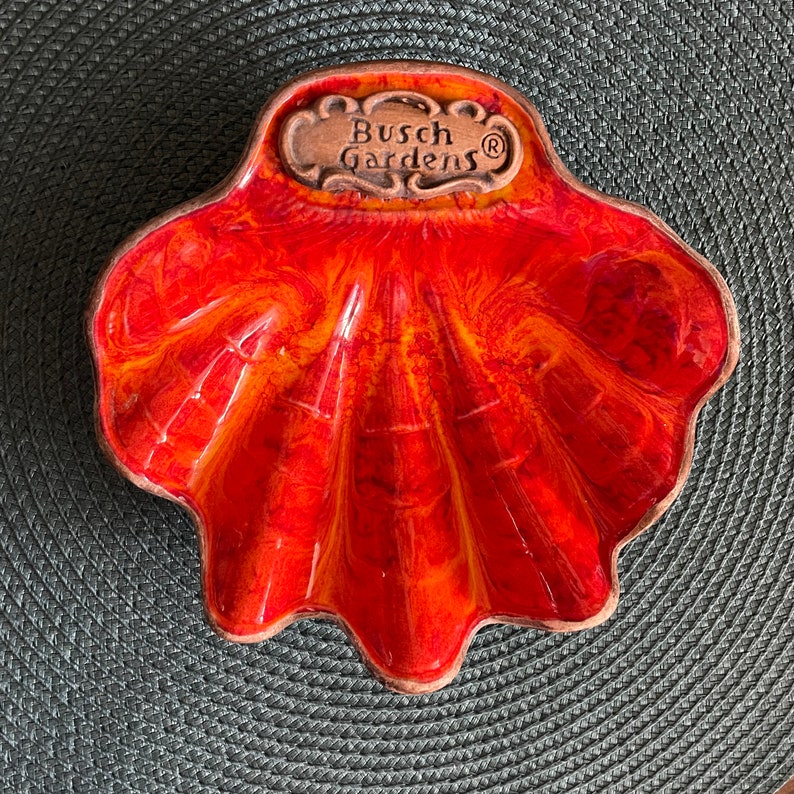 Vintage Treasure Craft ceramic clam shell volcanic lava red orange Busch Gardens tiki trinket souvenir dish image 1
