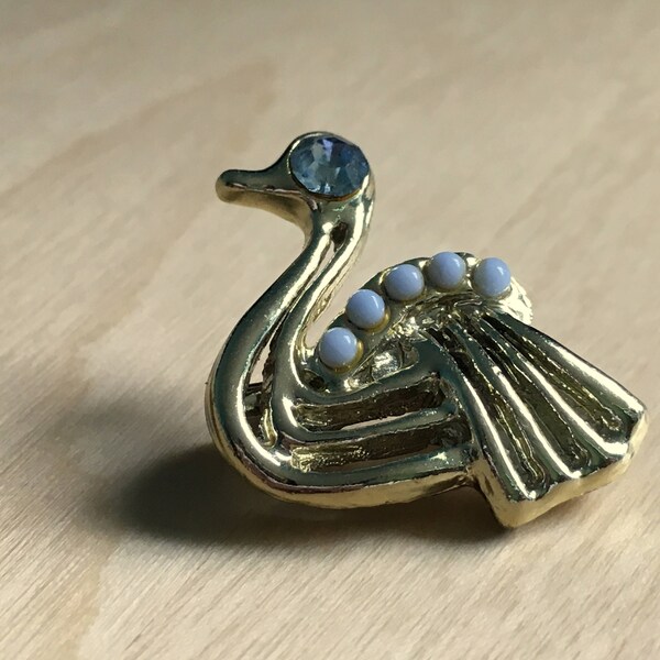 Vintage Swan Pin gold tone sweet bird blue