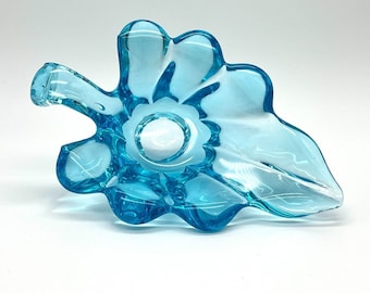 Mid Century Blue Murano Dish Heavy Thick Aqua Art Glass Style Leaf DM MCM 7.5 in