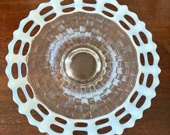 1930s Fenton French Opalescent Basketweave Open Lace Edge Plate Dish ring of fire