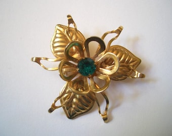 Vintage Lightweight Gold and Green Flower Brooch Pin