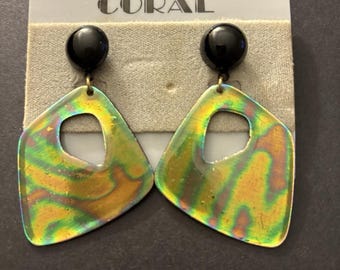Vintage Pierced Earrings Post Dangle Fluorescent Purple Yellow Abstract Mod NOS