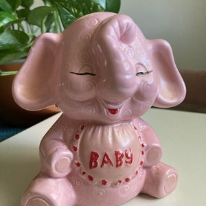 Vintage Kitschy Cute Pink Ceramic Elephant “Baby” Bank poss Rubens Originals