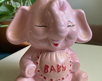 Vintage Pink Ceramic Elephant Bank: Kitschy Rubens Style Baby Decor