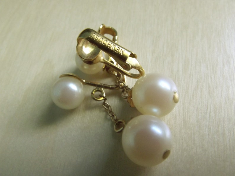 Vintage Newhouse Faux Pearl Dangle earrings gold tone signed dainty classic image 2